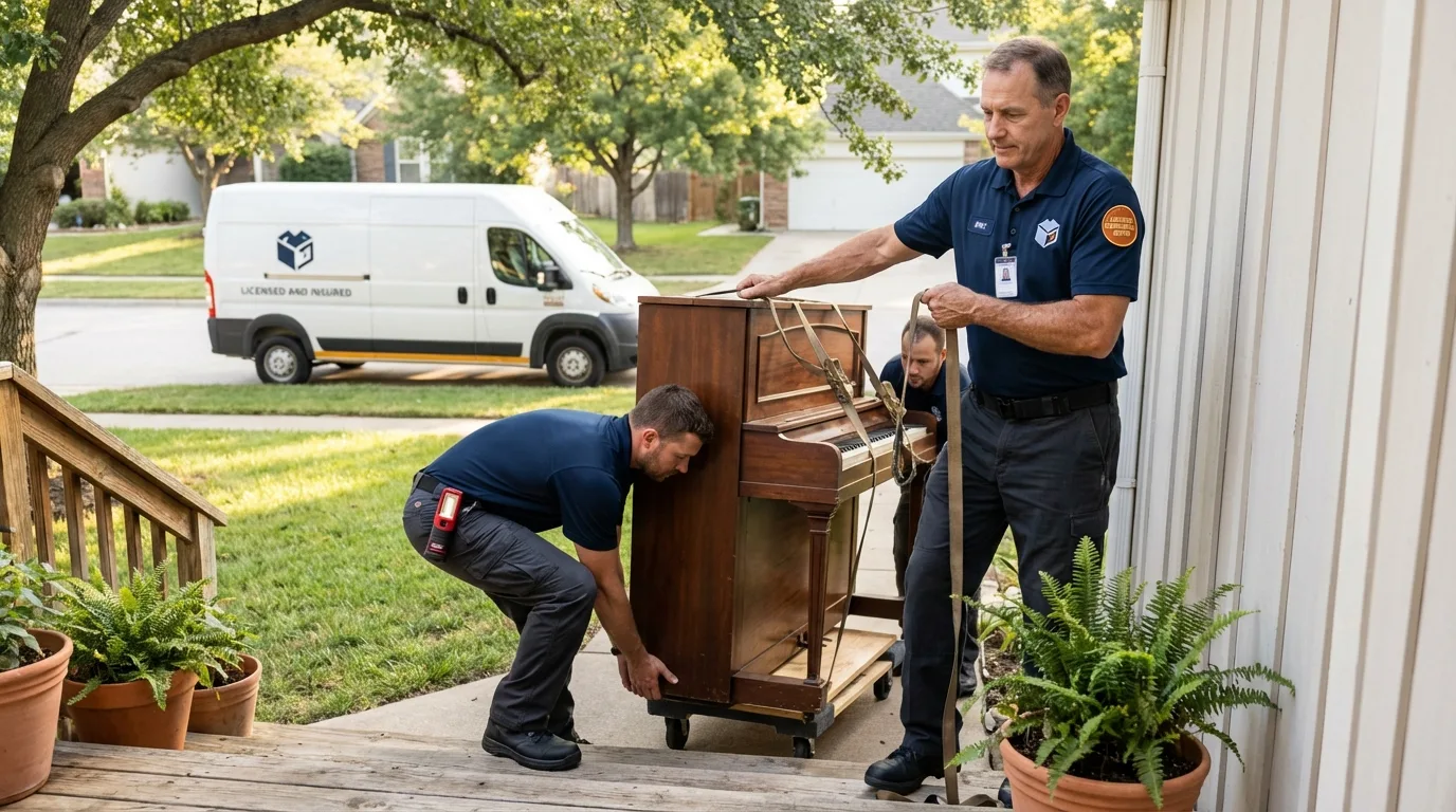 Licensed piano movers securing grand piano in Daphne, AL