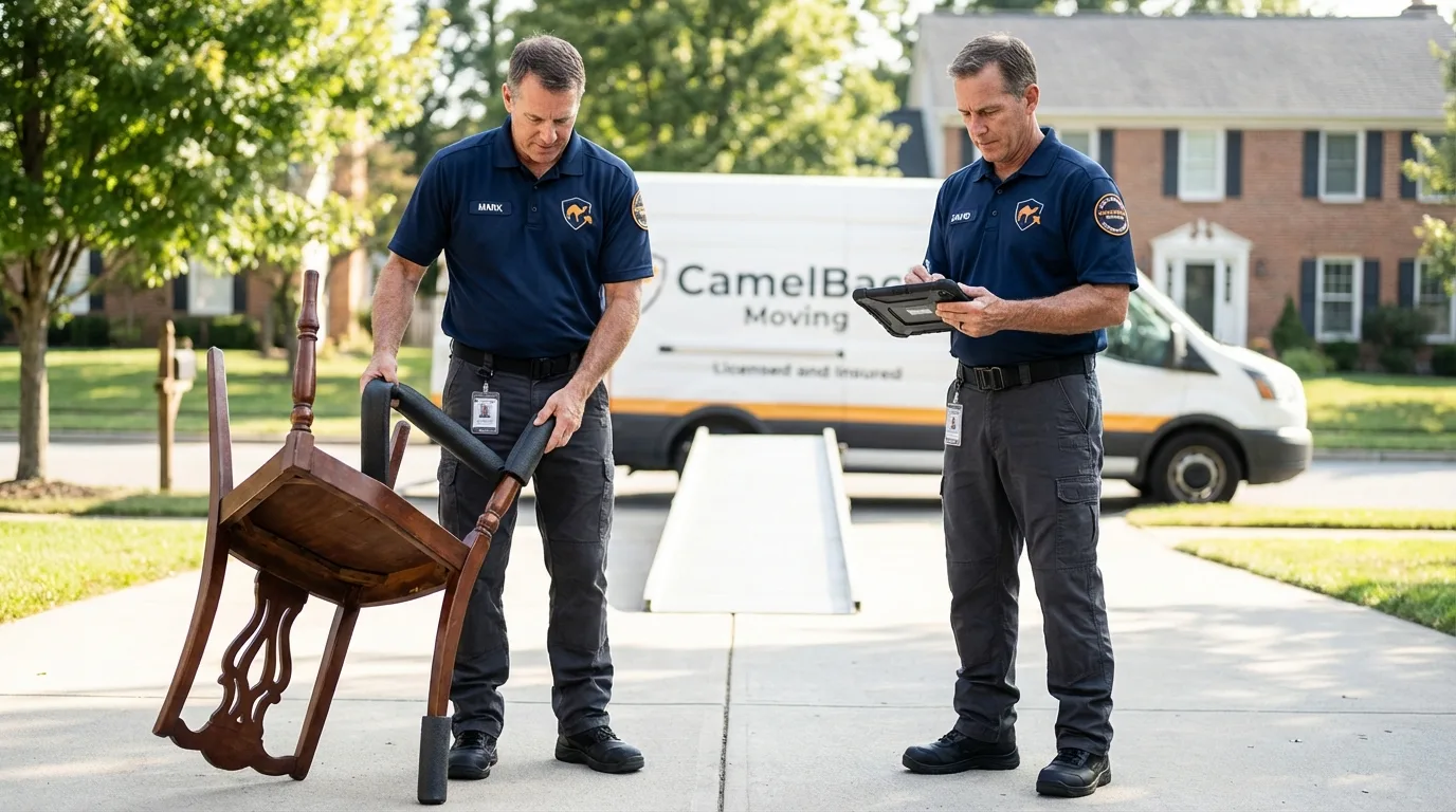 Movers inspecting furniture for damage prevention before loading in Daphne, AL