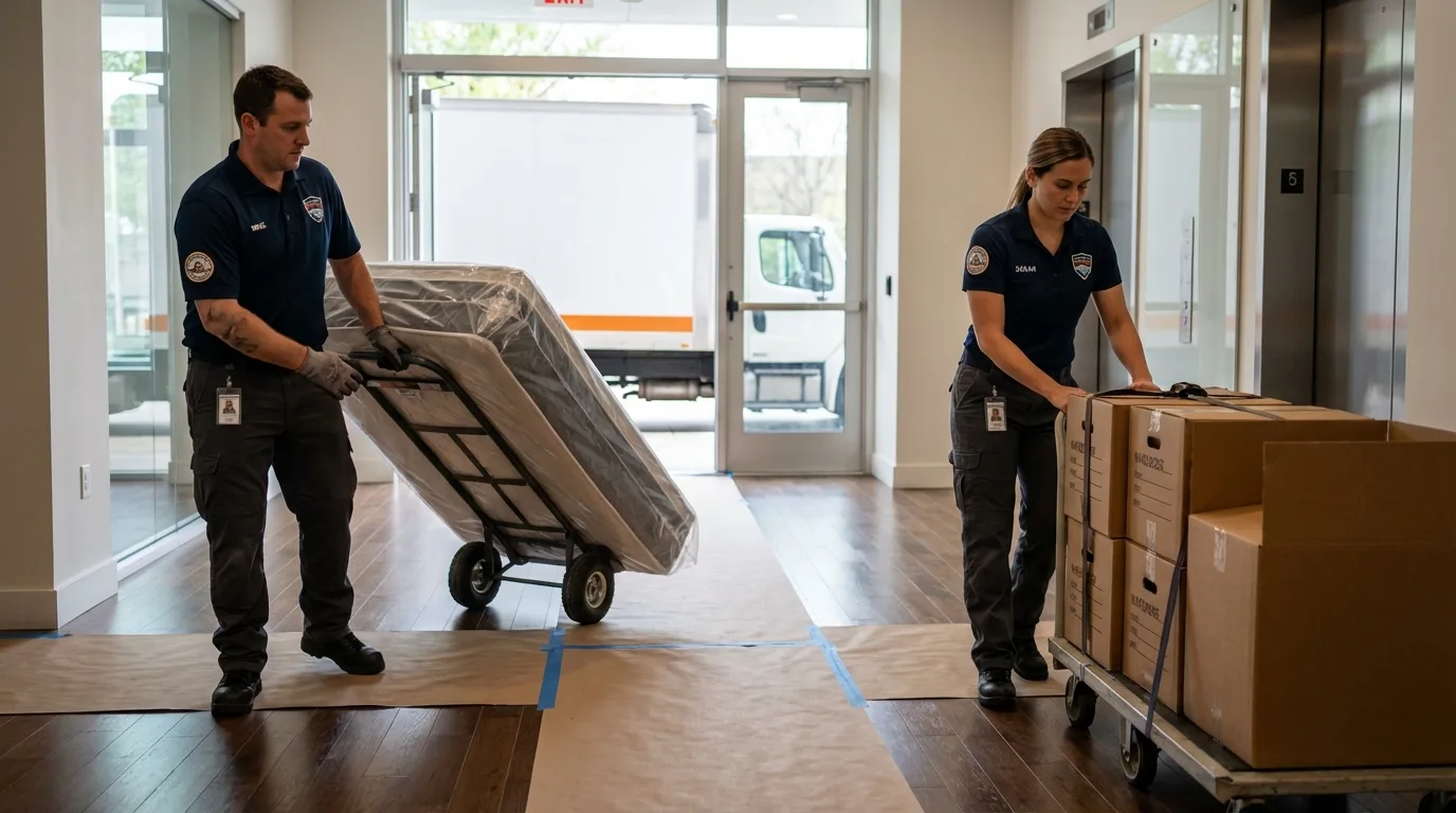 Professional apartment movers loading elevator in Daphne, AL